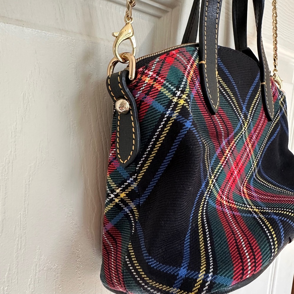 Dooney & Bourke Tartan Plaid Dome Satchel Crossbody Black Red Multi Gold Chain - Picture 5 of 16